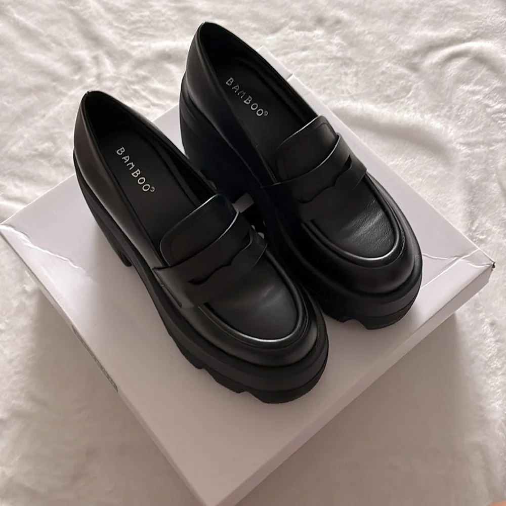 Black Platform Loafer Women's Shoes - Chunky Sole